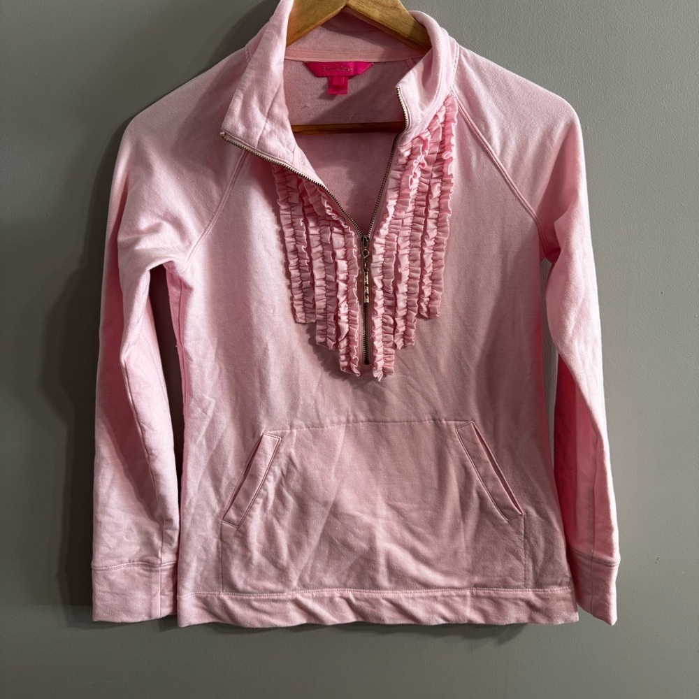 Lilly Pulitzer Half Zip Ruffle Front Design Pullover In Light Pink Color